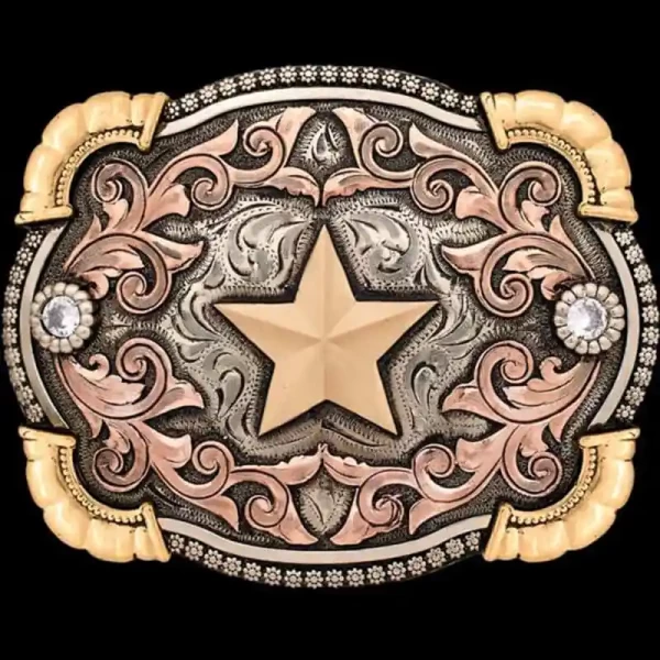 Show off your western style with a classic buckle! German Silver base, Bronze star, Copper scrollwork, and 2 clear cubic zirconias that make it shine.